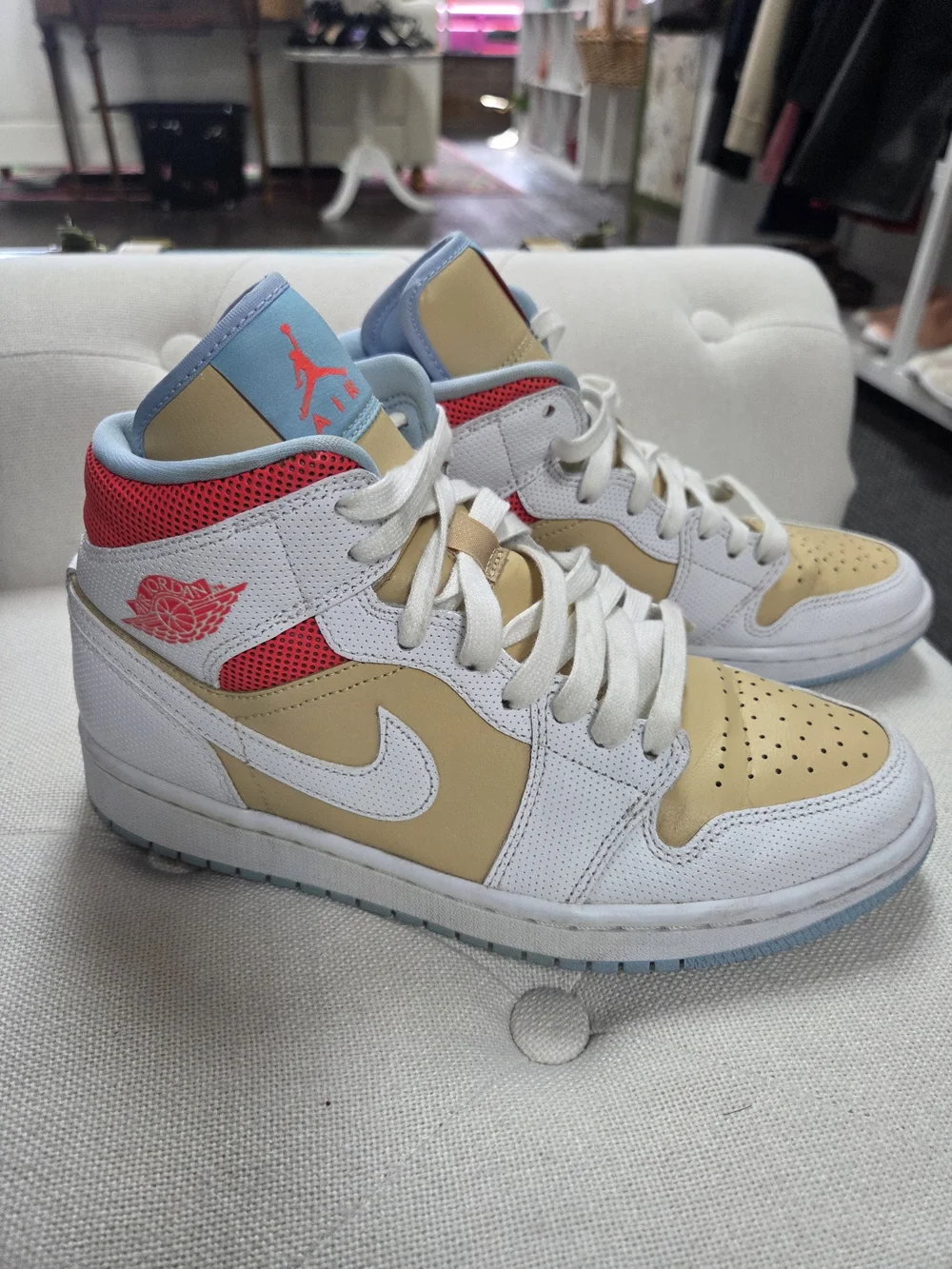 Nike Women's Athletic High-Top Sneakers in White, Tan, Neon Coral, Light Blue